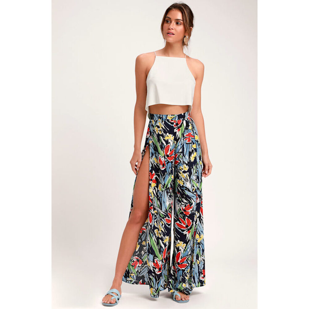 Lulus Pauma Navy Blue Print Wide-leg Pants - Size L